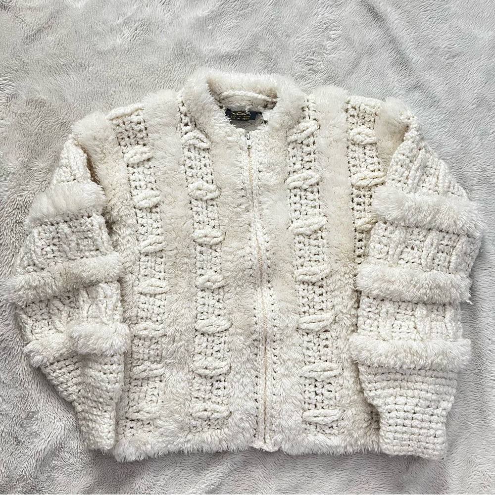 Vintage white fur knit zip up